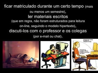 ficar matriculado durante um certo tempo (mais
ou menos um semestre),
ler materiais escritos
(que em regra, não foram estruturados para leitura
on-line, seguindo o modelo hipertexto),
discuti-los com o professor e os colegas
(por e-mail ou chat).
 