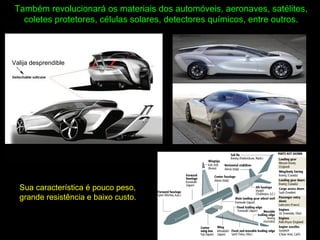 Também revolucionará os materiais dos automóveis, aeronaves, satélites,
coletes protetores, células solares, detectores químicos, entre outros.
Sua característica é pouco peso,
grande resistência e baixo custo.
Valija desprendible
 