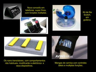 Novo conceito em
telefones super finos,
com funções múltiplas.
Os nano transistores, com comportamentos
não habituais, modificarão a eletrônica e
seus dispositivos.
Kit de fita
Scotch,
em
grafeno.
Mangas de camisa com controles
táteis e multiplas funções.
 