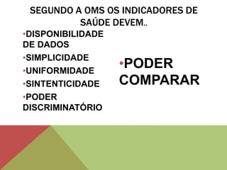 •DISPONIBILIDADE
DE DADOS
•SIMPLICIDADE
•UNIFORMIDADE
•SINTENTICIDADE
•PODER
DISCRIMINATÓRIO
•PODER
COMPARAR
SEGUNDO A OMS OS INDICADORES DE
SAÚDE DEVEM..
 