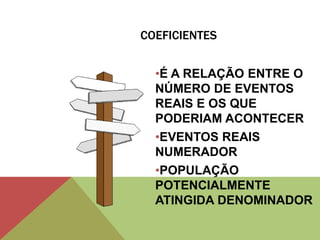 COEFICIENTES
•É A RELAÇÃO ENTRE O
NÚMERO DE EVENTOS
REAIS E OS QUE
PODERIAM ACONTECER
•EVENTOS REAIS
NUMERADOR
•POPULAÇÃO
POTENCIALMENTE
ATINGIDA DENOMINADOR
 