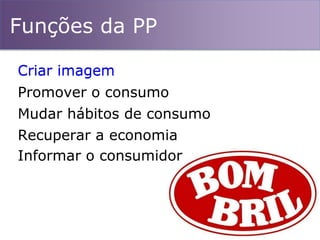 Funções da PP
Mudar hábitos de consumo
Promover o consumo
Recuperar a economia
Criar imagem
Informar o consumidor
Criar imagem
 