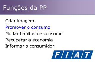 Funções da PP
Mudar hábitos de consumo
Promover o consumo
Recuperar a economia
Criar imagem
Informar o consumidor
 