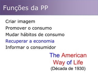 Funções da PP
Mudar hábitos de consumo
Promover o consumo
Recuperar a economia
Criar imagem
Informar o consumidor
The American
Way of Life
(Década de 1930)
 