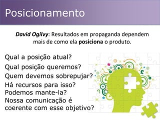 David Ogilvy: Resultados em propaganda dependem
mais de como ela posiciona o produto.
Posicionamento
Qual a posição atual?
Qual posição queremos?
Quem devemos sobrepujar?
Há recursos para isso?
Podemos mante-la?
Nossa comunicação é
coerente com esse objetivo?
 