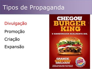 Aproxima a marca,
produto ou serviço
de quem já conhece;
apresenta para
quem ainda não
conhece.
Tipos de Propaganda
Divulgação
Promoção
Criação
Expansão
 