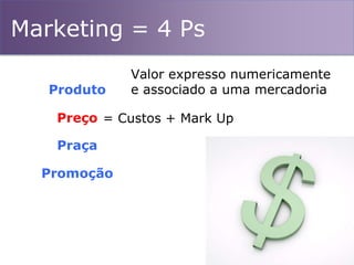 Marketing = 4 Ps
Produto
Praça
Promoção
Preço
Valor expresso numericamente
e associado a uma mercadoria
= Custos + Mark Up
 