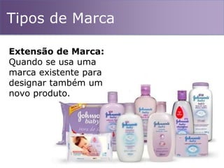 Tipos de Marca
Extensão de Marca:
Quando se usa uma
marca existente para
designar também um
novo produto.
 