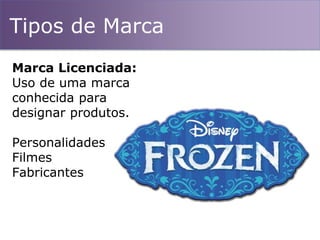 Tipos de Marca
Marca Licenciada:
Uso de uma marca
conhecida para
designar produtos.
Personalidades
Filmes
Fabricantes
 