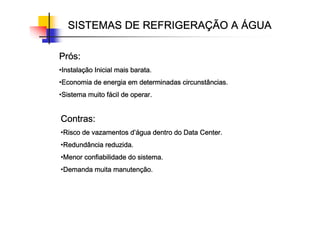 SISTEMAS DE REFRIGERA
SISTEMAS DE REFRIGERA
SISTEMAS DE REFRIGERA
SISTEMAS DE REFRIGERAÇ
Ç
Ç
ÇÃO A
ÃO A
ÃO A
ÃO A Á
Á
Á
ÁGUA
GUA
GUA
GUA
Pr
Pr
Pr
Pró
ó
ó
ós:
s:
s:
s:
•Instala
Instala
Instala
Instalaç
ç
ç
ção Inicial mais barata.
ão Inicial mais barata.
ão Inicial mais barata.
ão Inicial mais barata.
•Economia de energia em determinadas circunstâncias.
Economia de energia em determinadas circunstâncias.
Economia de energia em determinadas circunstâncias.
Economia de energia em determinadas circunstâncias.
•Sistema muito f
Sistema muito f
Sistema muito f
Sistema muito fá
á
á
ácil de operar.
cil de operar.
cil de operar.
cil de operar.
Contras:
Contras:
Contras:
Contras:
•Risco de vazamentos d
Risco de vazamentos d
Risco de vazamentos d
Risco de vazamentos d’á
’á
’á
’água dentro do Data Center.
gua dentro do Data Center.
gua dentro do Data Center.
gua dentro do Data Center.
•Redundância reduzida.
Redundância reduzida.
Redundância reduzida.
Redundância reduzida.
•Menor confiabilidade do sistema.
Menor confiabilidade do sistema.
Menor confiabilidade do sistema.
Menor confiabilidade do sistema.
•Demanda muita manuten
Demanda muita manuten
Demanda muita manuten
Demanda muita manutenç
ç
ç
ção.
ão.
ão.
ão.
 