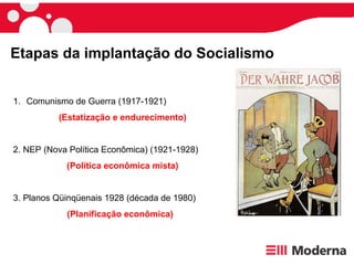 Etapas da implantação do Socialismo
1. Comunismo de Guerra (1917-1921)
(Estatização e endurecimento)
2. NEP (Nova Política Econômica) (1921-1928)
(Política econômica mista)
3. Planos Qüinqüenais 1928 (década de 1980)
(Planificação econômica)
 