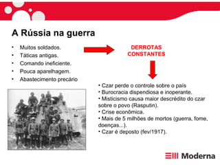 A Rússia na guerra
• Muitos soldados.
• Táticas antigas.
• Comando ineficiente.
• Pouca aparelhagem.
• Abastecimento precário
DERROTAS
CONSTANTES
• Czar perde o controle sobre o país
• Burocracia dispendiosa e inoperante.
• Misticismo causa maior descrédito do czar
sobre o povo (Rasputin).
• Crise econômica.
• Mais de 5 milhões de mortos (guerra, fome,
doenças...).
• Czar é deposto (fev/1917).
 