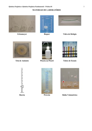 Química Orgânica e Química Orgânica Fundamental – Prática 01                        5

                                MATERIAIS DE LABORATÓRIO




           Erlenmeyer                           Bequer          Vidro de Relógio




         Tela de Amianto                   Pisseta ou Pisseti    Tubos de Ensaio




              Bureta                            Proveta         Balão Volumétrico
 