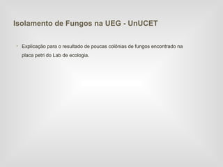 Isolamento de Fungos na UEG - UnUCET

• Explicação para o resultado de poucas colônias de fungos encontrado na
  placa petri do Lab de ecologia.
 