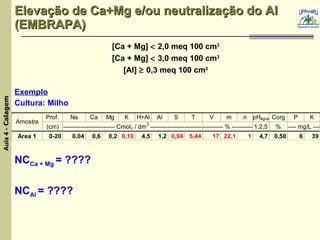 Elevação de Ca+Mg e/ou neutralização do Al (EMBRAPA) [Ca + Mg]    2,0 meq 100 cm 3 [Ca + Mg]    3,0 meq 100 cm 3 [Al]    0,3 meq 100 cm 3 Exemplo Cultura: Milho NC Ca + Mg  = ???? NC Al  = ???? 