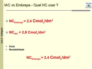 IAC vs Embrapa - Qual NC usar ? NC Embrapa  = 2,4  Cmol c /dm 3 NC IAC  = 2,8 Cmol c /dm 3  Ciclo Rentabilidade NC Embrapa  = 2,4  Cmol c /dm 3 