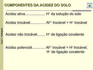 COMPONENTES DA ACIDEZ DO SOLO Acidez ativa.................... H +  da solução do solo Acidez trocável............... Al 3+  trocável + H +  trocável Acidez não trocável........ H +  de ligação covalente Acidez potencial............. Al 3+  trocável + H +  trocável, H +  de ligação covalente 