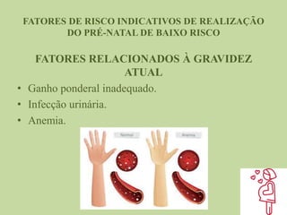 FATORES DE RISCO INDICATIVOS DE REALIZAÇÃO
DO PRÉ-NATAL DE BAIXO RISCO
FATORES RELACIONADOS À GRAVIDEZ
ATUAL
• Ganho ponderal inadequado.
• Infecção urinária.
• Anemia.
 