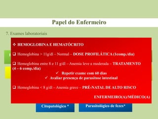 7. Exames laboratoriais
Papel do Enfermeiro
1ᵃ consulta ou 1⁰ trimestre
Sorologia para Hepatite B
Hemoglobina e
Hematócrito
Urina tipo I
Eletroforese da
Hemoglobina
Glicemia de jejum
Tipo Sanguínea e
fator Rh
Urocultura
Teste rápido para
sífilis ou VDRL
Teste rápido para
HIV ou sorologia
(anti HIV I e II)
Toxoplasmose IgG e IgM
Citopatológico * Parasitológico de fezes*
 HEMOGLOBINA E HEMATÓCRITO
 Hemoglobina > 11g/dl – Normal – DOSE PROFILÁTICA (1comp./dia)
 Hemoglobina entre 8 e 11 g/dl – Anemia leve a moderada – TRATAMENTO
(4 – 6 comp./dia)
 Repetir exame com 60 dias
 Avaliar presença de parasitose intestinal
 Hemoglobina < 8 g/dl – Anemia grave – PRÉ-NATAL DE ALTO RISCO
ENFERMEIRO(A)/MÉDICO(A)
 