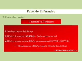 7. Exames laboratoriais
Papel do Enfermeiro
1ᵃ consulta ou 1⁰ trimestre
 Sorologia Hepatite B (HBsAg)
 HBsAg não reagente: NORMAL – Avaliar esquema vacinal
 HBsAg reagente: solicitar HBeAg e transaminases (ALT/TGP e AST/TGO)
 HBsAg reagente e HBeAg reagente: Pré-natal de Alto Risco
ENFERMEIRO(A)/MÉDICO(A)
 