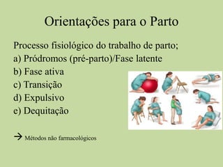 Orientações para o Parto
Processo fisiológico do trabalho de parto;
a) Pródromos (pré-parto)/Fase latente
b) Fase ativa
c) Transição
d) Expulsivo
e) Dequitação
 Métodos não farmacológicos
 