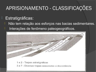 APRISIONAMENTO - CLASSIFICAÇÕES
 Estratigráficas:
 Não tem relação aos esforços nas bacias sedimentares.
 Interações de fenômeno paleogeográficos.
 