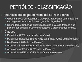  Interessa desde geoquímicos até os refinadores.
Geoquímicos: Caracterizar o óleo para relacionar com o tipo de
rocha geradora e medir o seu grau de degradação;
Refinadores: Saber as quantidades das diversas frações que
podem ser obtidas, suas composições e propriedades físicas.
 Classes
Parafínica (75% ou mais de parafinas);
Parafínico-naftênica (50-70% de parafinas, >20% de naftênicos);
Naftênica (>70% de naftênicos);
Aromática intermediária (>50% de Hidrocarbonetos aromáticos);
Aromático-naftênica (>35% de naftênicos);
Aromático-asfáltica(>35% de asfaltenos e resinas;
PETRÓLEO - CLASSIFICAÇÃO
 