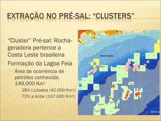  “Cluster” Pré-sal: Rocha-
geradora pertence a
Costa Leste brasileira
 Formação da Lagoa Feia
 Área de ocorrência de
petróleo conhecida:
149.000 Km2
 28% Licitados (42.000 Km2
);
 72% a licitar (107.000 Km2
);
 