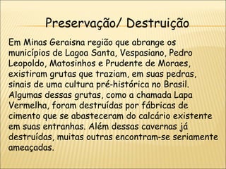 Preservação/ Destruição
Em Minas Geraisna região que abrange os
municípios de Lagoa Santa, Vespasiano, Pedro
Leopoldo, Matosinhos e Prudente de Moraes,
existiram grutas que traziam, em suas pedras,
sinais de uma cultura pré‑histórica no Brasil.
Algumas dessas grutas, como a chamada Lapa
Vermelha, foram destruídas por fábricas de
cimento que se abasteceram do calcário existente
em suas entranhas. Além dessas cavernas já
destruídas, muitas outras encontram‑se seriamente
ameaçadas.
 