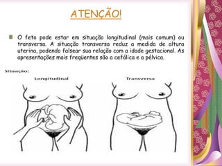 ATENÇÃO!
O feto pode estar em situação longitudinal (mais comum) ou
transversa. A situação transversa reduz a medida de altura
uterina, podendo falsear sua relação com a idade gestacional. As
apresentações mais freqüentes são a cefálica e a pélvica.
 