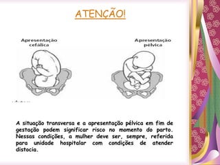 ATENÇÃO!
A situação transversa e a apresentação pélvica em fim de
gestação podem significar risco no momento do parto.
Nessas condições, a mulher deve ser, sempre, referida
para unidade hospitalar com condições de atender
distocia.
 