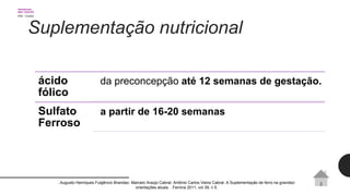 Suplementação nutricional
ácido
fólico
da preconcepção até 12 semanas de gestação.
Sulfato
Ferroso
a partir de 16-20 semanas
. Augusto Henriques Fulgêncio Brandao. Marcelo Araújo Cabral, Antônio Carlos Vieira Cabral. A Suplementação de ferro na gravidez:
orientações atuais. . Femina 2011, vol 39, n 5.
 