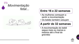 Movimentação
fetal...
Entre 16 e 22 semanas
• As mulheres começam a
sentir a movimentação
• Os bebês também soluçam
A partir de 32 semanas
• A movimentação do bebê
segue mais ou menos a
mesma até o final da
gravidez
 