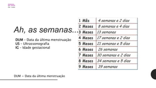 Ah, as semanas...
DUM = Data da última menstruação
DUM – Data da última menstruação
US – Ultrassonografia
IG – Idade gestacional
 