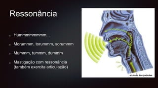Ressonância
Hummmmmmmm...
Morummm, torummm, sorummm
Mummm, tummm, dummm
Mastigação com ressonância
(também exercita articulação)
 