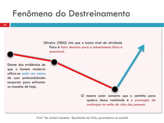Fenômeno do Destreinamento
14




                             Oliveira (2005) cita que o baixo nível de atividade
                                 física é fator decisivo para o adoecimento físico e
                                 emocional.


     Diante das evidências de
     que o homem moderno
     utiliza-se cada vez menos
     de suas potencialidades
     corporais para enfrentar
     as mazelas de hoje;

                                                        O mesmo autor comenta que o caminho para
                                                          quebra dessa realidade é a promoção de
                                                          mudanças no estilo de vida das pessoas.


                        Prof.ª Ms. Izabel Lamenha Qualidade de Vida, aprendemos na escola?
 