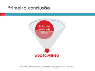 Primeira conclusão
16




                                Falta de
                                atividade
                                  física




                           ADOECIMENTO

          Prof.ª Ms. Izabel Lamenha Qualidade de Vida, aprendemos na escola?
 