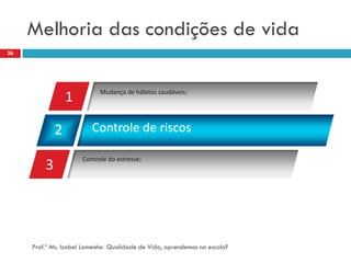 Melhoria das condições de vida
26




                            Mudança de hábitos saudáveis;
                 1

             2           Controle de riscos

                      Controle do estresse;
         3




     Prof.ª Ms. Izabel Lamenha Qualidade de Vida, aprendemos na escola?
 