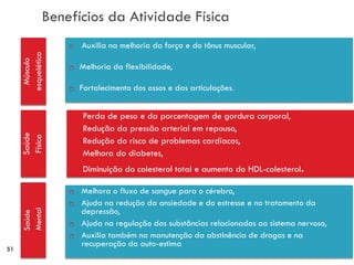 Benefícios da Atividade Física
                      Auxilia na melhoria da força e do tônus muscular,
     esquelético
       Músculo



                      Melhoria da flexibilidade,

                      Fortalecimento dos ossos e das articulações.


                      Perda de peso e da porcentagem de gordura corporal,
                      Redução da pressão arterial em repouso,
     Saúde
     Física




                      Redução do risco de problemas cardíacos,
                      Melhora do diabetes,
                      Diminuição do colesterol total e aumento do HDL-colesterol.

                      Melhora o fluxo de sangue para o cérebro,
                      Ajuda na redução da ansiedade e do estresse e no tratamento da
                       depressão,
     Mental
     Saúde




                      Ajuda na regulação das substâncias relacionadas ao sistema nervoso,
                      Auxilia também na manutenção da abstinência de drogas e na
                       recuperação da auto-estima
51
 