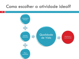 Como escolher a atividade ideal?
52



            Preferência
              Pessoal




              Aptidão     Qualidade   Aderência e
             necessária
                           de Vida    continuidade




               Risco
             associado
 