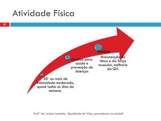 Atividade Física
57




                                                        Aeróbio
                                                          Manutenção do
                                     Ganhos para         tônus e da força
                                        saúde e         muscular, melhoria
                                     prevenção de             da QV.
                                       doenças
                30´ ou mais de
            intensidade moderada,
            quase todos os dias da
                    semana.




          Prof.ª Ms. Izabel Lamenha Qualidade de Vida, aprendemos na escola?
 