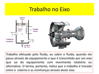 Trabalho no Eixo
Trabalho efetuado pelo fluido, ou sobre o fluido, quando ele
passa através do equipamento e que é transmitido por um eixo
que sai do equipamento com movimento rotatório ou
alternativo. O termo, portanto, indica que o trabalho é trocado
entre o sistema e as vizinhanças através deste eixo.
 