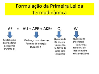 Formulação da Primeira Lei da
Termodinâmica
∆E = ∆U + ∆PE + ∆KE= Q - W
Mudança na
Energia total
do sistema
Durante ∆T
Mudança nas diversas
Formas de energia
Durante ∆T
Quantidade
De energia
Transferida
Na forma de
Calor para
o sistema
Quantidade
De energia
transferida
Na forma de
Trabalho para
Fora do sistema
 