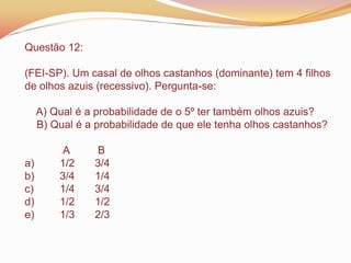 Questão 12:
(FEI-SP). Um casal de olhos castanhos (dominante) tem 4 filhos
de olhos azuis (recessivo). Pergunta-se:
A) Qual é a probabilidade de o 5º ter também olhos azuis?
B) Qual é a probabilidade de que ele tenha olhos castanhos?
A B
a) 1/2 3/4
b) 3/4 1/4
c) 1/4 3/4
d) 1/2 1/2
e) 1/3 2/3
 