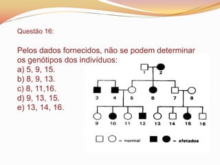 Questão 16:
Pelos dados fornecidos, não se podem determinar
os genótipos dos indivíduos:
a) 5, 9, 15.
b) 8, 9, 13.
c) 8, 11,16.
d) 9, 13, 15.
e) 13, 14, 16.
 