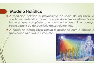 Modelo Holístico
 A medicina holística é proveniente
saúde era entendida como
humores que compõem o
surgia a partir do desequilíbrio
 A causa do desequilíbrio estava
físico como os astros, o clima,
físico como os astros, o clima,
proveniente da ideia de equilíbrio. A
como o equilíbrio entre os elementos e
organismo humano. E a doença
desequilíbrio desses elementos.
estava relacionada com o ambiente
clima, etc.
clima, etc.
 
