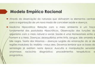Modelo Empírico Racional
 Através da observação da natureza
para a organização de um novo modo
 Medicina Hipocrática: Relação
fundamental dos postulados Hipocráticos
organismo com o meio natural e
organismo com o meio natural e
homem e o Meio. Doenças: desequilíbrios
bile negra. Teoria dos Miasmas –
regiões insalubres: Ex: Malária – maus
semiologia já existiam nesta época
anamnese; raciocínio diagnóstico
prognóstico.
Modelo Empírico Racional
natureza que obtiveram os elementos centrais
modo de conceber saúde e doença.
com o meio ambiente é um traço
Hipocráticos. Observação das funções do
social. Saúde é uma Homeostasia entre o
social. Saúde é uma Homeostasia entre o
desequilíbrios entre linfa, sangue, bile amarela e
doenças surgida da emanação do ar de
maus ares. Devemos lembrar que as bases da
época: Ausculta e manipulação sensorial;
diagnóstico; procedimentos terapêuticos e
 