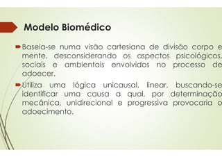 Modelo Biomédico
Baseia-se numa visão cartesiana
mente, desconsiderando
sociais e ambientais
adoecer.
Utiliza uma lógica unicausal
identificar uma causa
mecânica, unidirecional
adoecimento.
Modelo Biomédico
cartesiana de divisão corpo e
desconsiderando os aspectos psicológicos,
envolvidos no processo de
unicausal, linear, buscando-se
a qual, por determinação
unidirecional e progressiva provocaria o
 