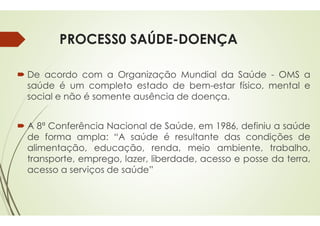 PROCESS0 SAÚDE
 De acordo com a Organização
saúde é um completo estado
social e não é somente ausência
 A 8ª Conferência Nacional de
de forma ampla: “A saúde
alimentação, educação, renda,
transporte, emprego, lazer, liberdade,
acesso a serviços de saúde”
PROCESS0 SAÚDE-DOENÇA
Organização Mundial da Saúde - OMS a
estado de bem-estar físico, mental e
ausência de doença.
de Saúde, em 1986, definiu a saúde
é resultante das condições de
renda, meio ambiente, trabalho,
liberdade, acesso e posse da terra,
 