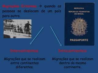 Migrações Externas  quando as
pessoas se deslocam de um país
para outro.
Intercontinentais:
Migrações que se realizam
entre continentes
diferentes.
Intracontinentais:
Migrações que se realizam
dentro do mesmo
continente.
 